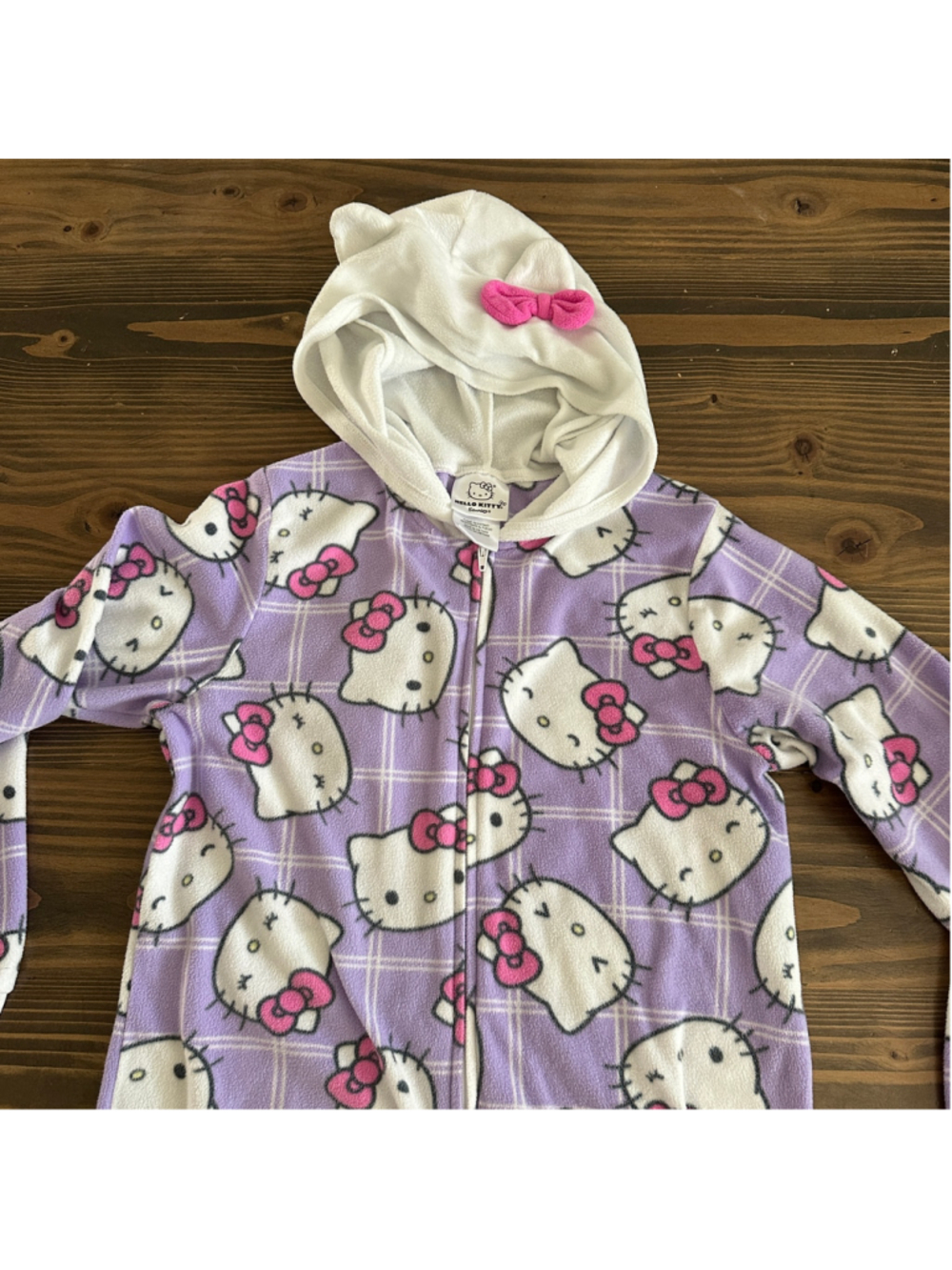 Girls Hello Kitty Fleece Pajama Jumpsuit Size 10 Purple Plaid Hooded One Piece